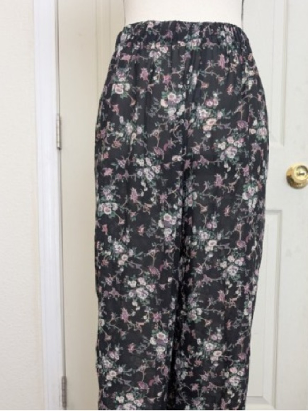 Michaels Wide Leg Floral Pants in Black with Pink & Cream Flowers